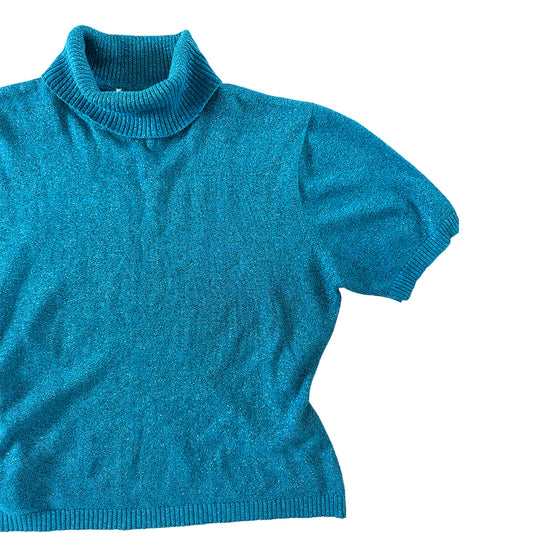 Y2K Blue Metallic Short-sleeve Turtleneck