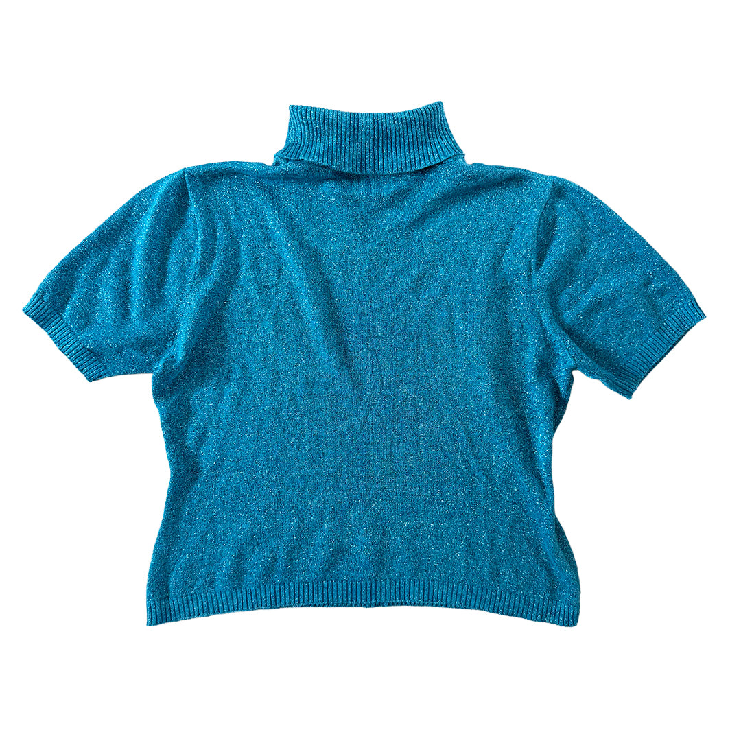 Y2K Blue Metallic Short-sleeve Turtleneck
