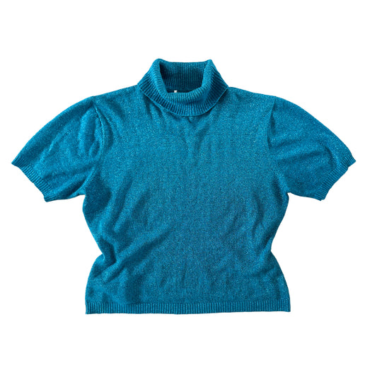 Y2K Blue Metallic Short-sleeve Turtleneck